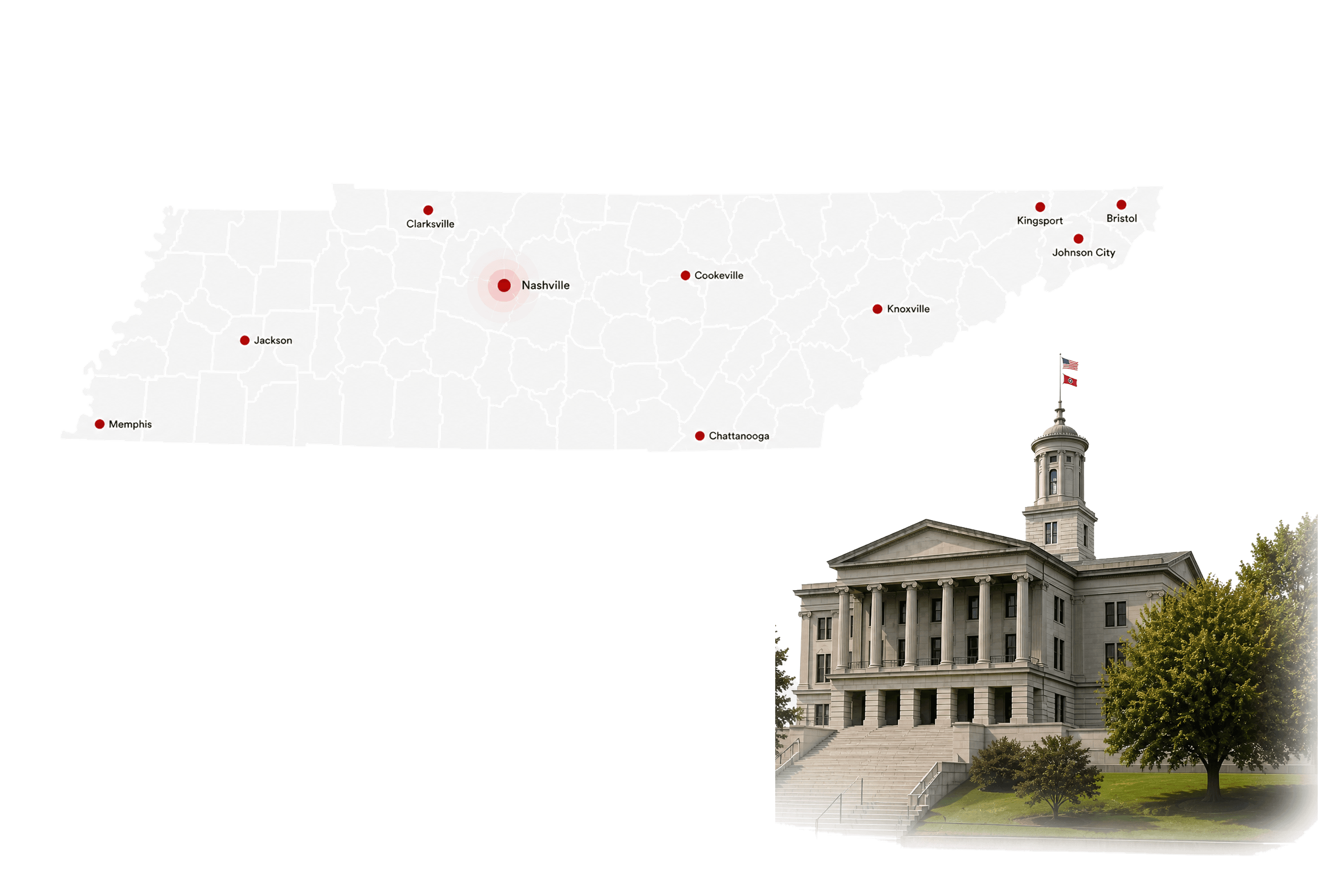 Map of Tennessee shown alongside the Tennessee State Capitol — representing the 95 counties tracked by The Page 7